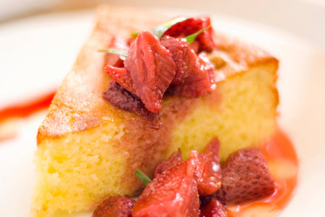 Blood Orange Olive Oil Cake with Citrus Roasted Balsamic Strawberries