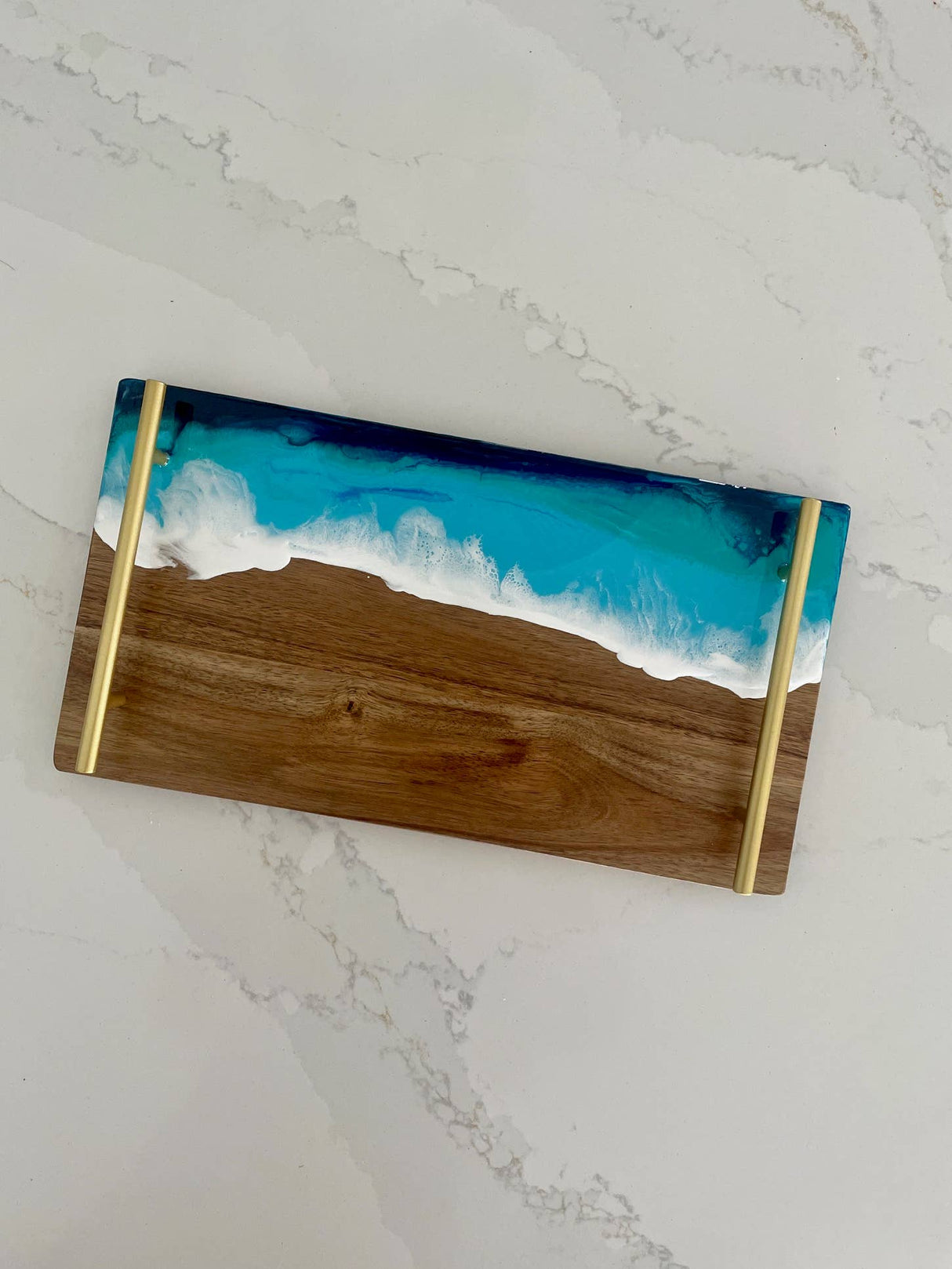 Wood Tray with Handles, Beach Resin Wave Tray